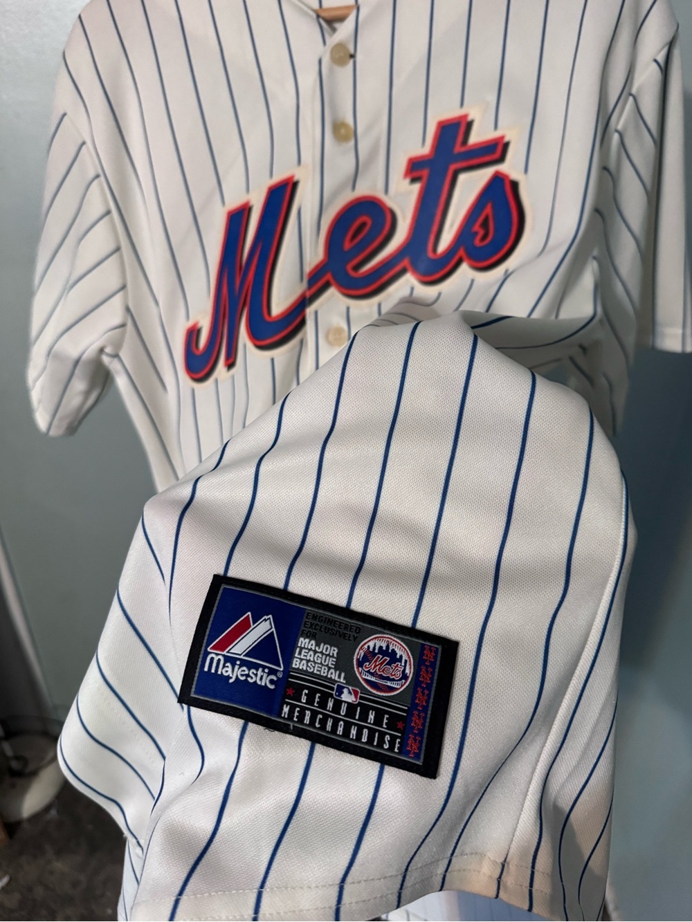 Majestic Mets White Pinstripe Baseball Jersey with Blue and Orange Script - Picture 5 of 8